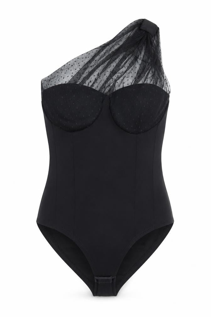 Rebellious Women's Black One Shoulder Mesh Bodysuit Size 10