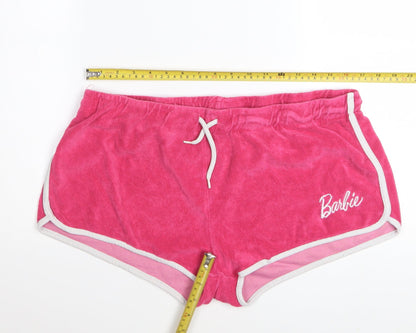 Barbie Women’s Pink Terry Shorts L Casual Drawstring Logo Comfort