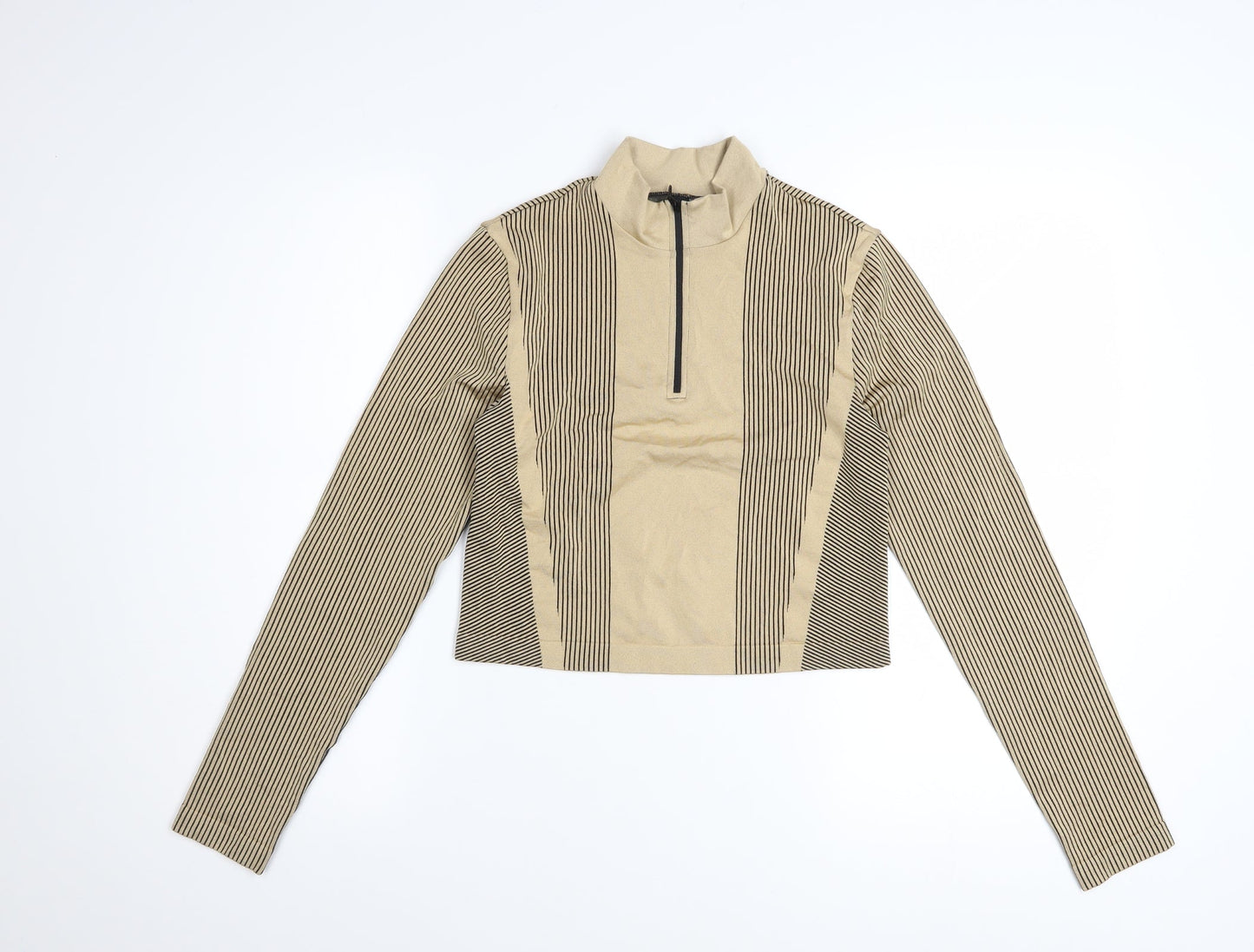 H&M Divided Women’s Beige Striped Cropped Long Sleeve Zip Top Size M