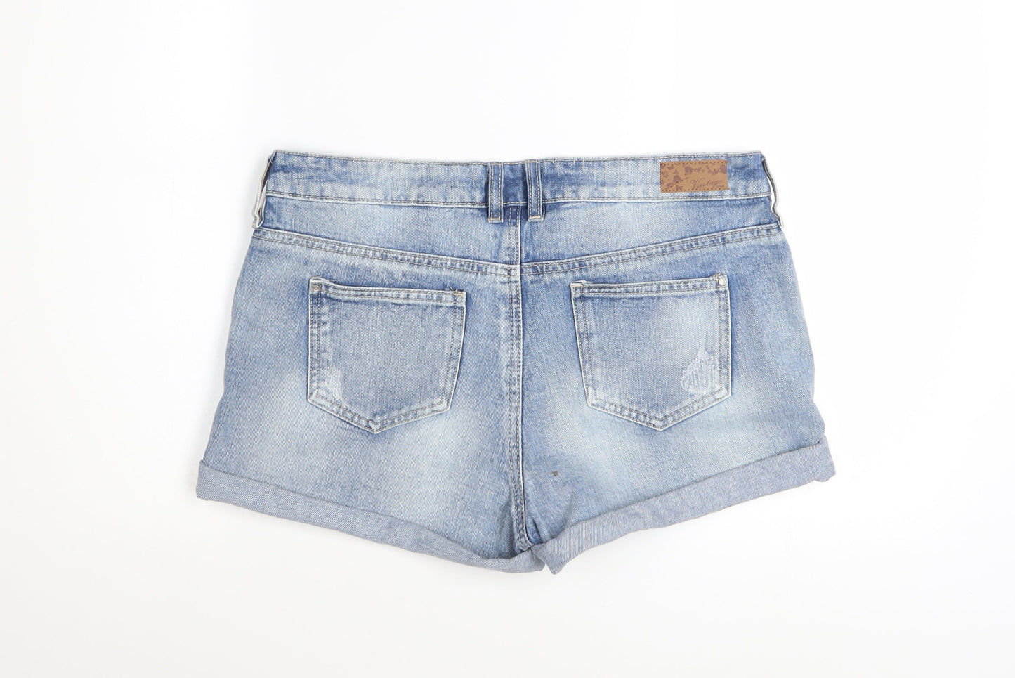 F&F Women’s Blue Denim Distressed Cotton Turn-Up Shorts UK 12