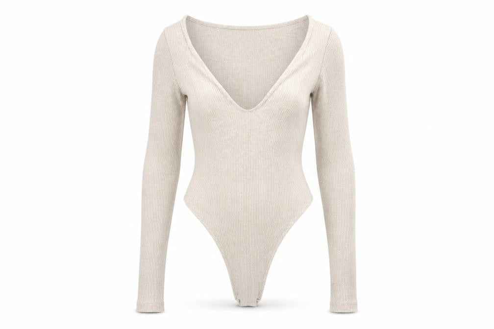 PrettyLittleThing Women Beige Ribbed Long Sleeve Bodysuit UK 8