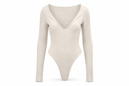 PrettyLittleThing Women Beige Ribbed Long Sleeve Bodysuit UK 8