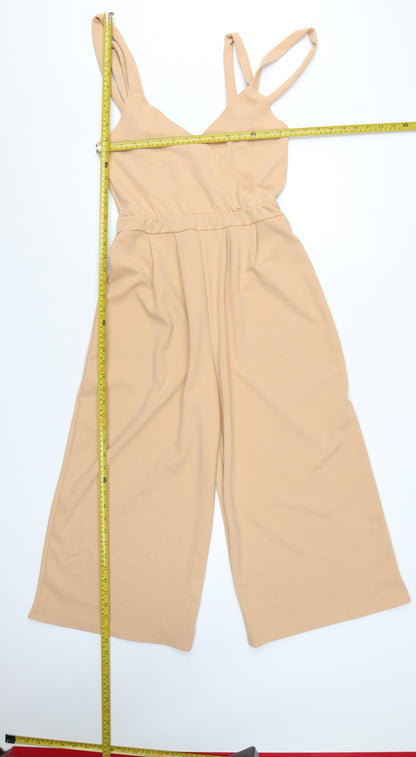 Boohoo Womens Beige Jumpsuit Size 12 Polyester Blend Sleeveless Wide-Leg