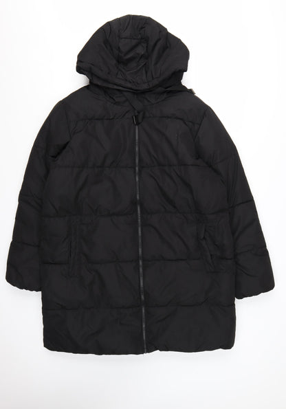 New Look Women’s Black Long Puffer Coat Size 16 Hooded Full Zip Winter Jacket