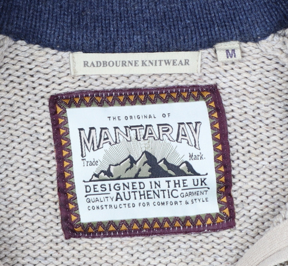 Mantaray Men's Beige Wool Blend 1/4 Zip Cable Knit Jumper M