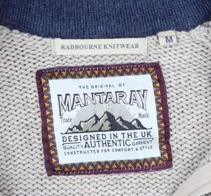 Mantaray Men's Beige Wool Blend 1/4 Zip Cable Knit Jumper M