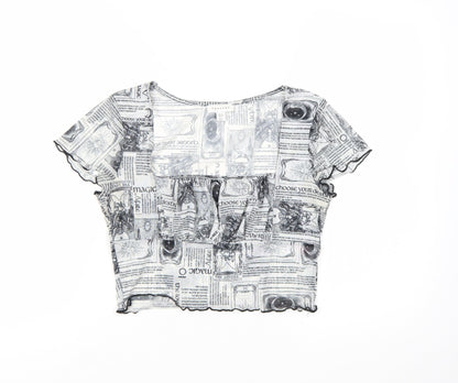 Topshop Women’s Black & White Printed Mesh Cropped T-Shirt UK 10