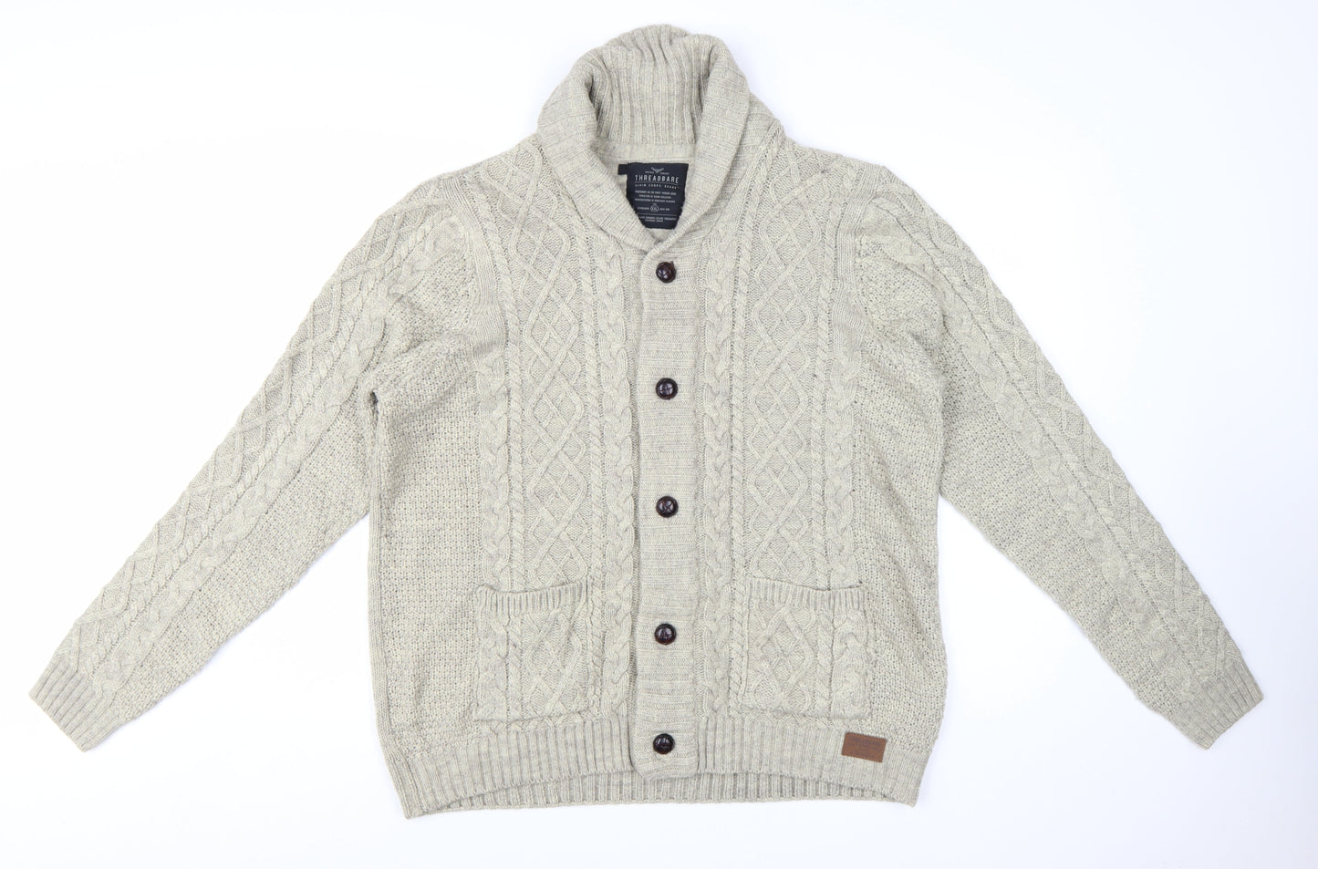 Threadbare Men's Beige Cable Knit Shawl Collar Cardigan 2XL