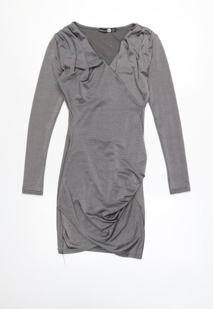 Boohoo Women Grey Bodycon Ruched V-Neck Long Sleeve Short Dress Size 6
