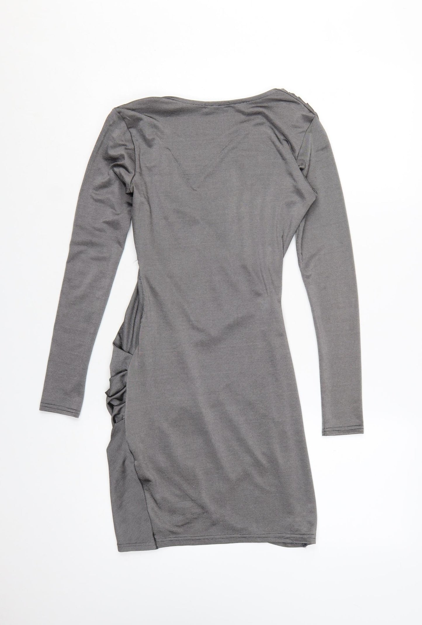 Boohoo Women Grey Bodycon Ruched V-Neck Long Sleeve Short Dress Size 6