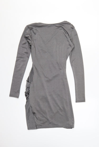 Boohoo Women Grey Bodycon Ruched V-Neck Long Sleeve Short Dress Size 6