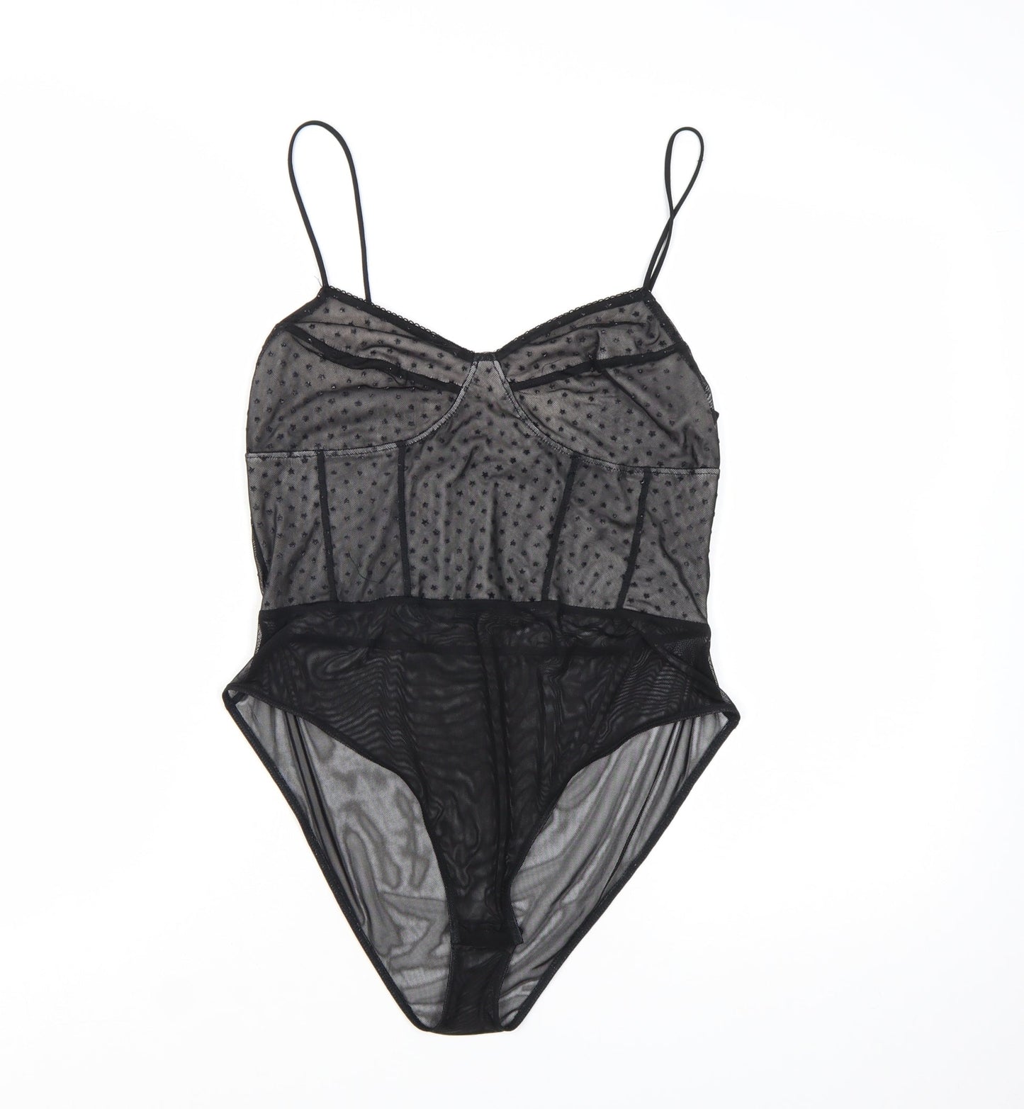 Topshop Women Black Mesh Sheer Bodysuit Size 14 Sweetheart Neck