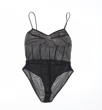 Topshop Women Black Mesh Sheer Bodysuit Size 14 Sweetheart Neck
