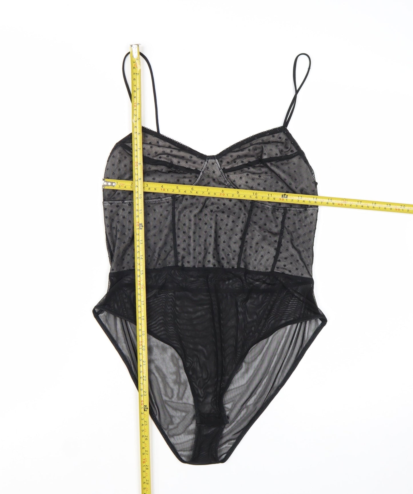 Topshop Women Black Mesh Sheer Bodysuit Size 14 Sweetheart Neck