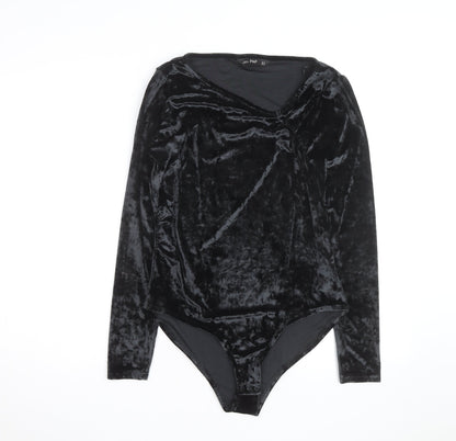 F&F Women Black Velvet Long Sleeve Bodysuit UK 14 V-Neck