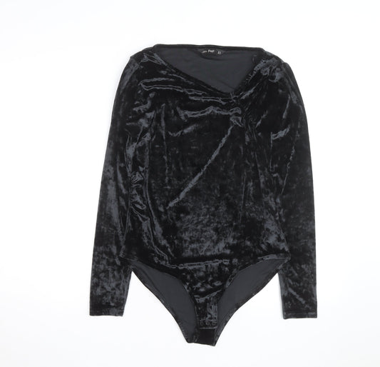 F&F Women Black Velvet Long Sleeve Bodysuit UK 14 V-Neck