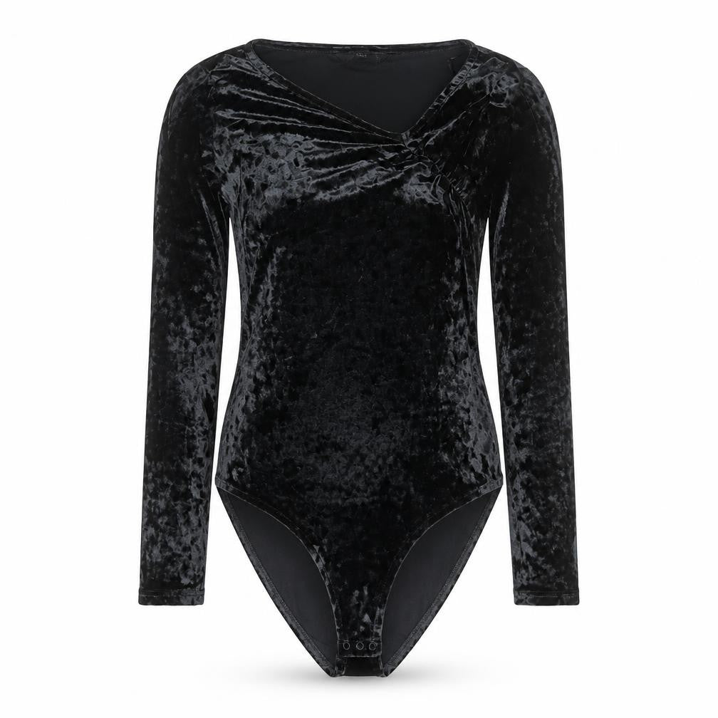 F&F Women Black Velvet Long Sleeve Bodysuit UK 14 V-Neck