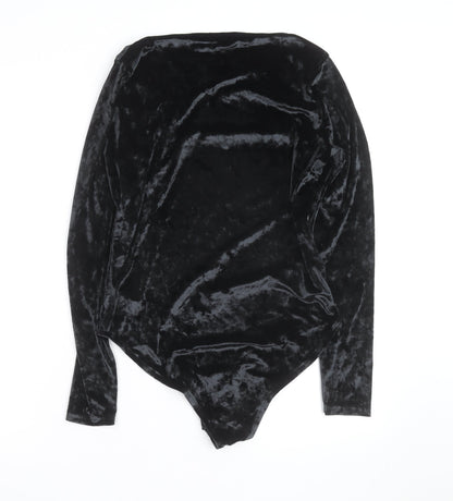 F&F Women Black Velvet Long Sleeve Bodysuit UK 14 V-Neck