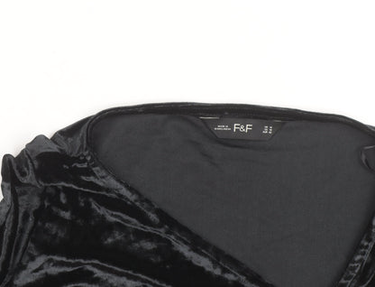 F&F Women Black Velvet Long Sleeve Bodysuit UK 14 V-Neck