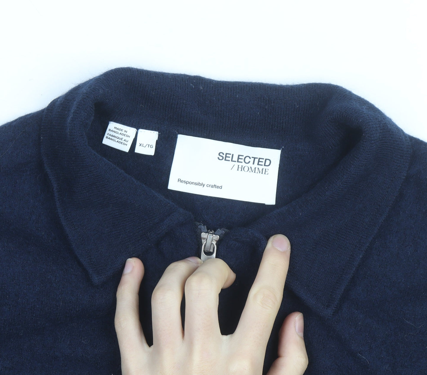 Selected Homme Men's Navy Blue XL Wool Full Zip Collared Jumper