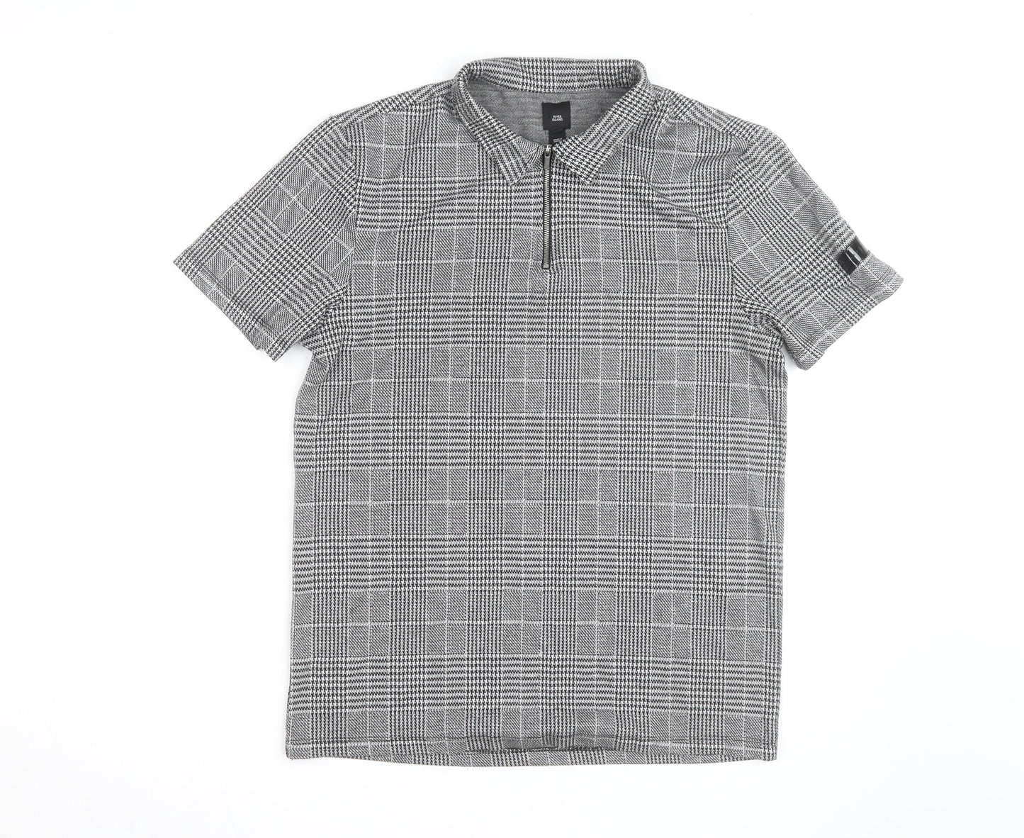 River Island Men's Grey Check Zip Polo Shirt Slim Fit M