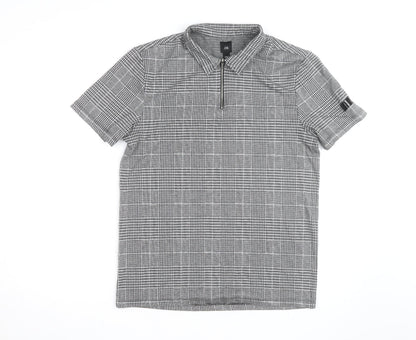 River Island Men's Grey Check Zip Polo Shirt Slim Fit M
