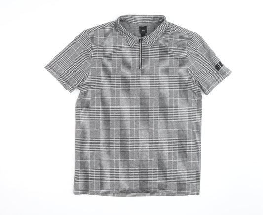 River Island Men's Grey Check Zip Polo Shirt Slim Fit M