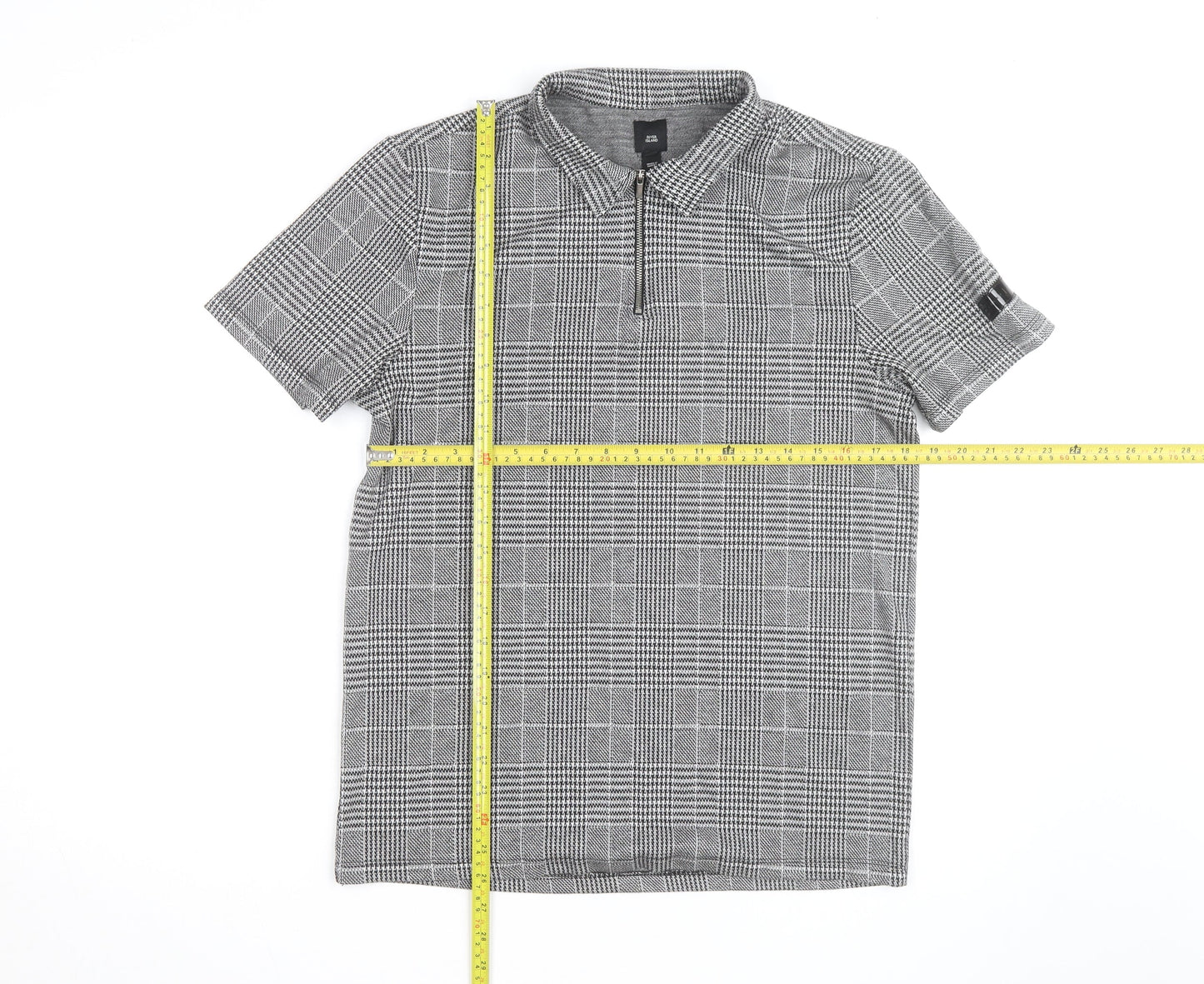 River Island Men's Grey Check Zip Polo Shirt Slim Fit M