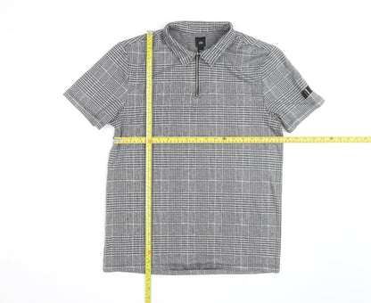 River Island Men's Grey Check Zip Polo Shirt Slim Fit M