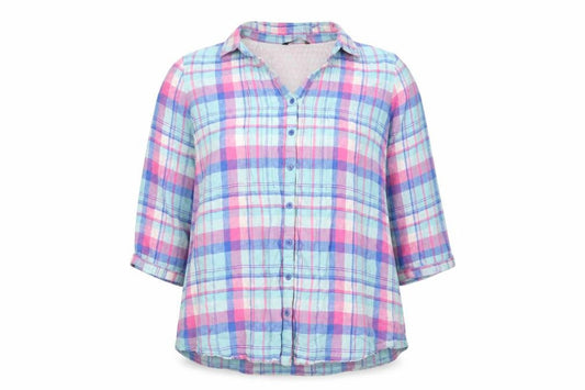 Bonmarché Women's Multicoloured Check Cotton 3/4 Sleeve Button-Up Shirt Size 22