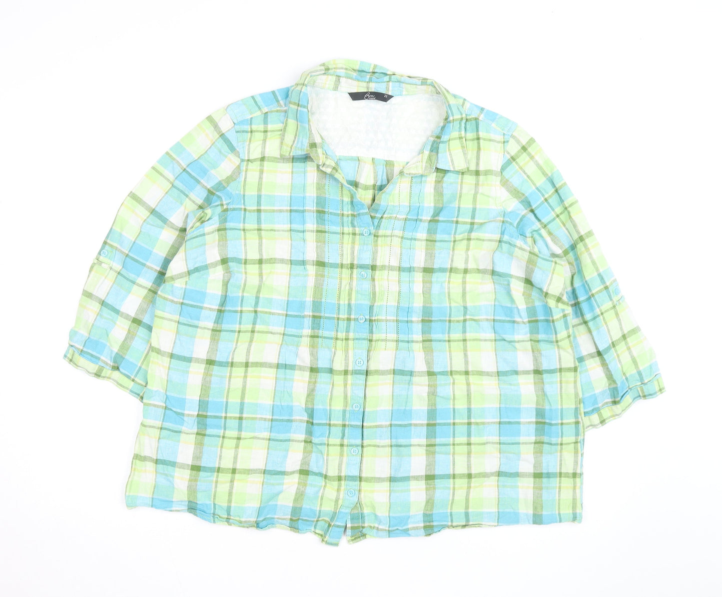 Bm Casual Women Multicoloured Check Linen Blend 3/4 Sleeve Button-Up Shirt Size 22