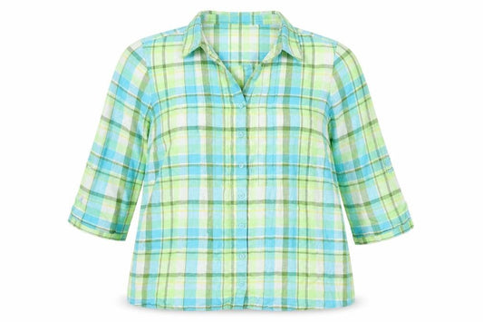 Bonmarché Women Multicoloured Check Linen Blend 3/4 Sleeve Button-Up Shirt Size 22