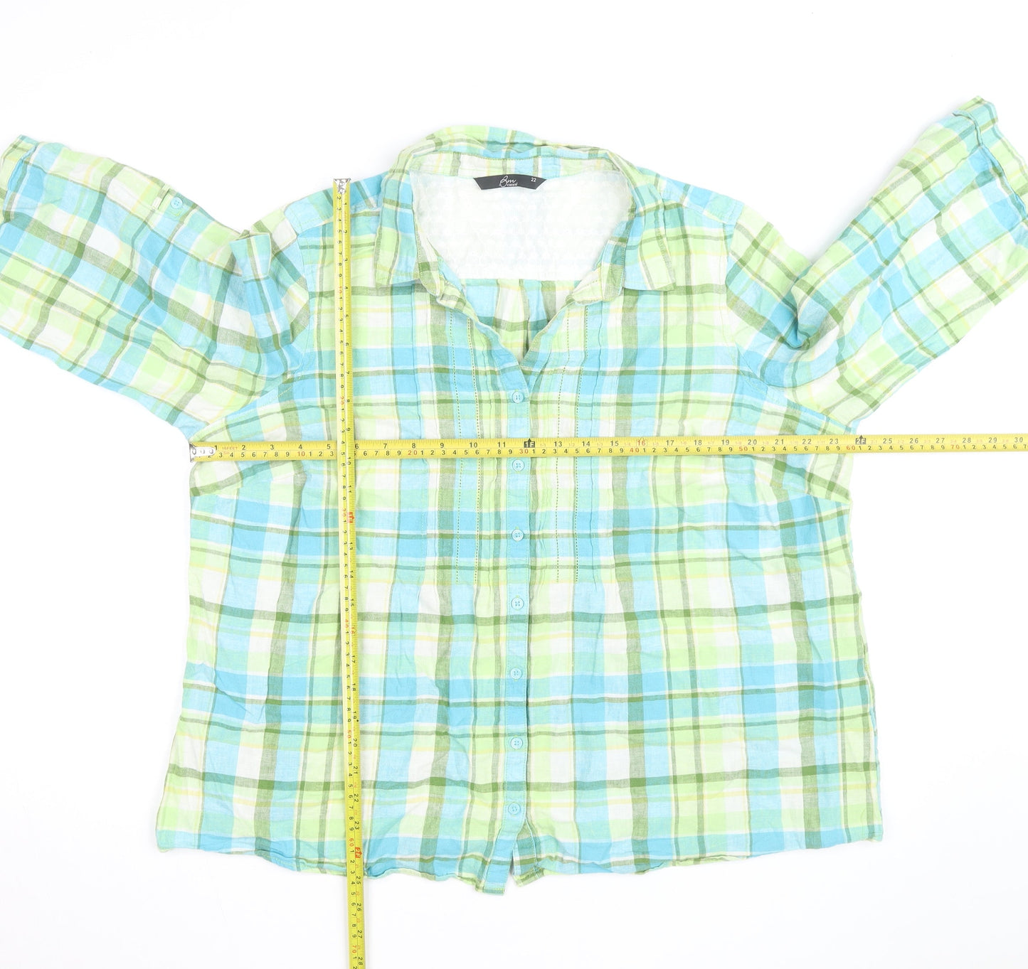 Bm Casual Women Multicoloured Check Linen Blend 3/4 Sleeve Button-Up Shirt Size 22