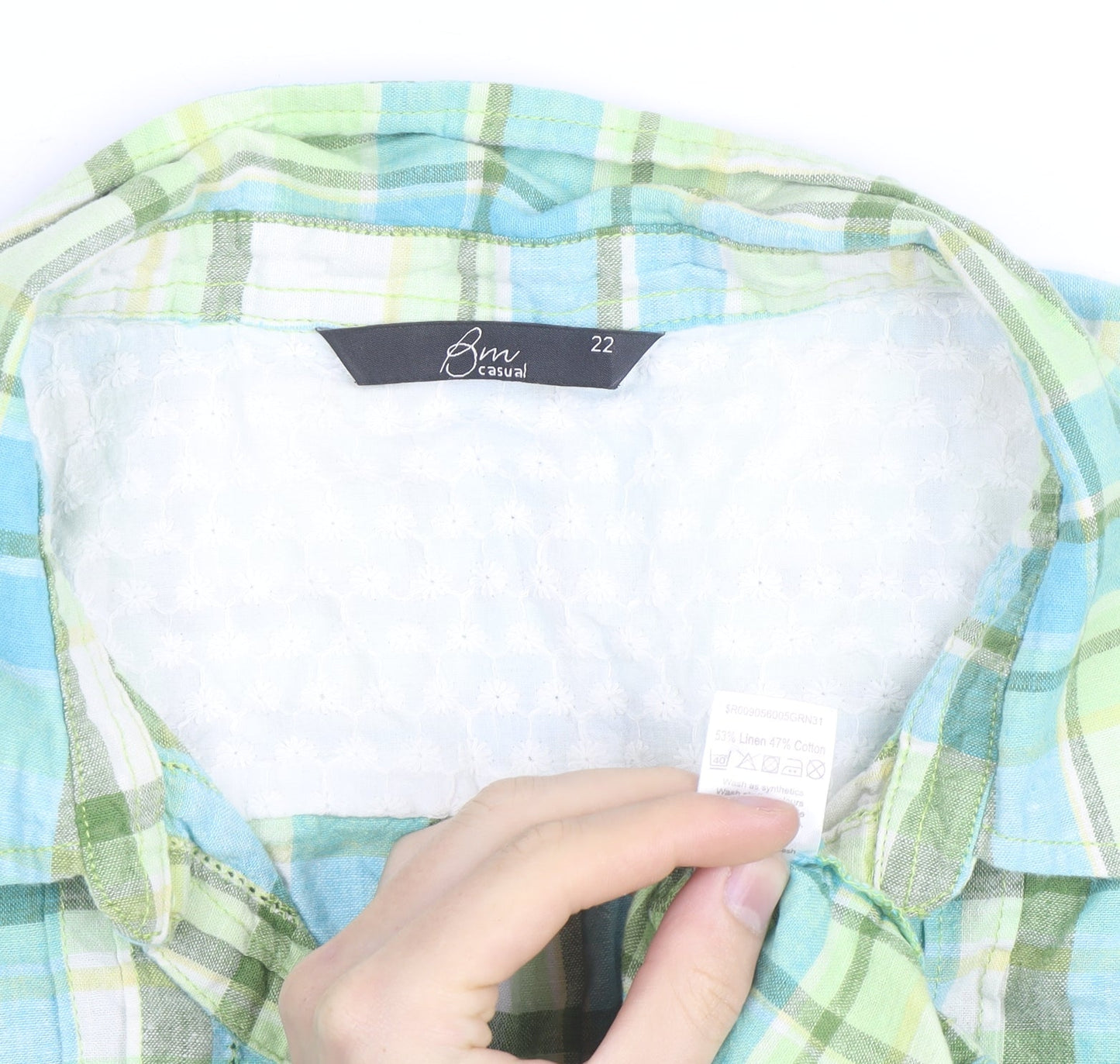 Bm Casual Women Multicoloured Check Linen Blend 3/4 Sleeve Button-Up Shirt Size 22