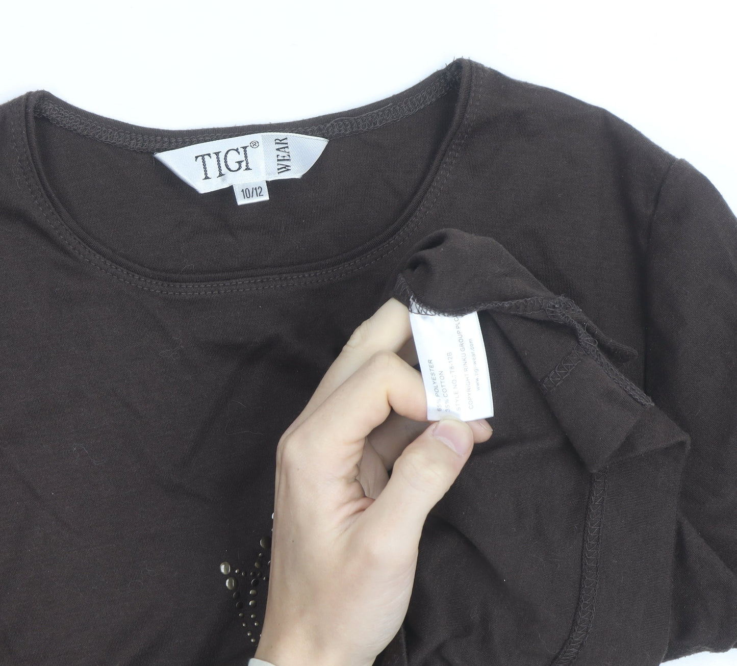 Tigi Wear Women's Brown Beaded 3/4 Sleeve Cotton T-Shirt Size 10