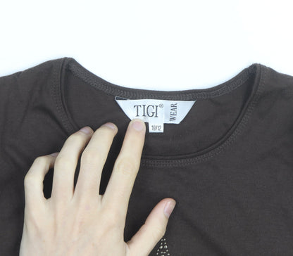 Tigi Wear Women's Brown Beaded 3/4 Sleeve Cotton T-Shirt Size 10