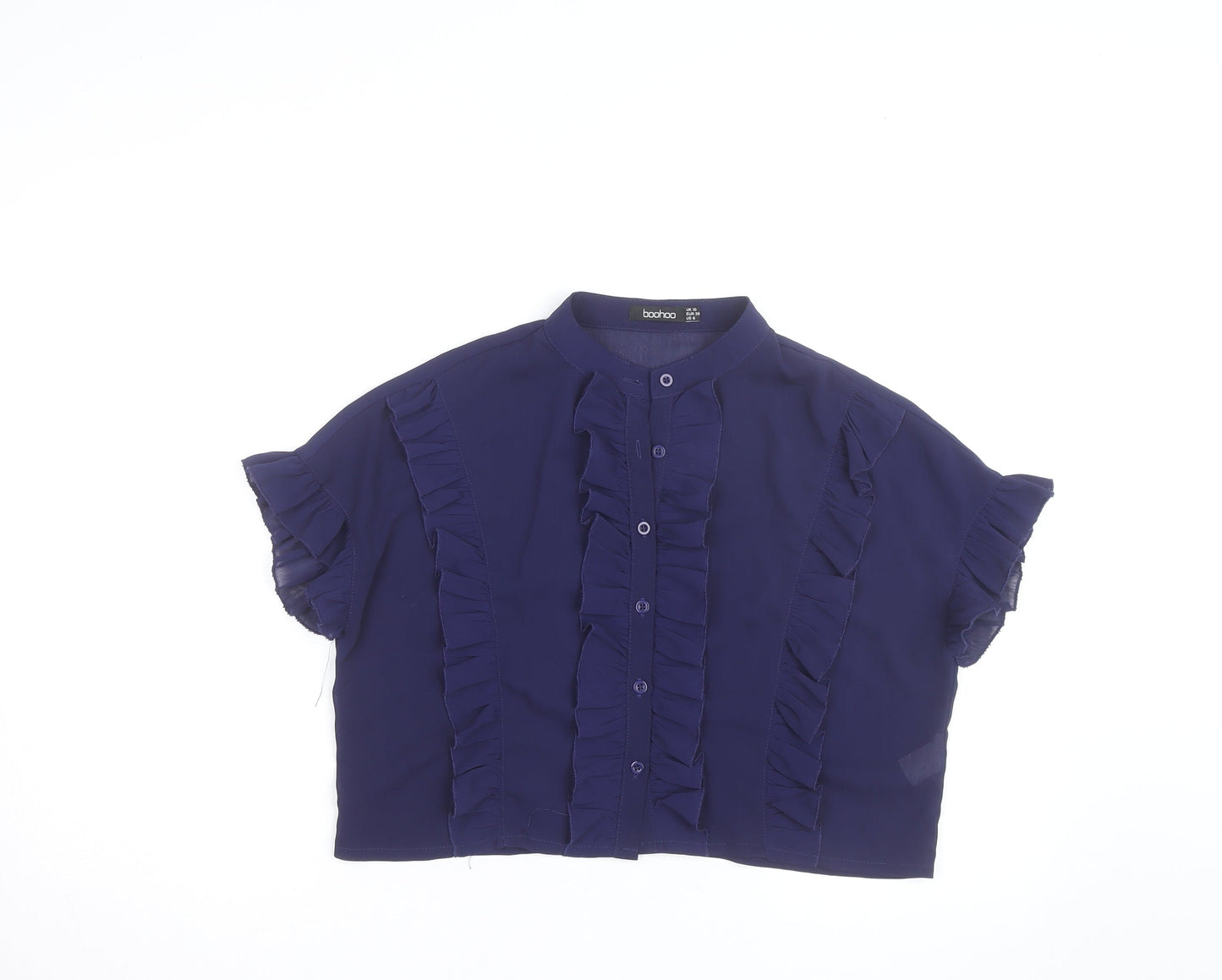 Boohoo Women Blue Ruffle Short Sleeve Cropped Blouse UK 10