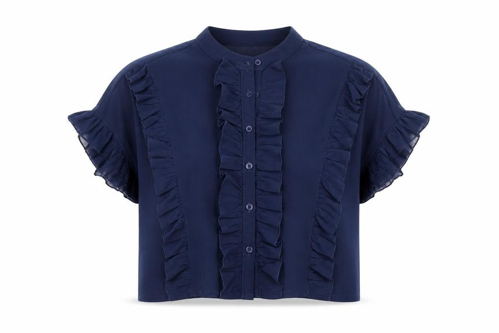 Boohoo Women Blue Ruffle Short Sleeve Cropped Blouse UK 10