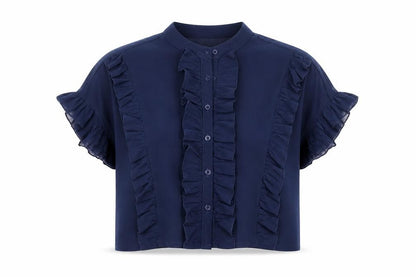 Boohoo Women Blue Ruffle Short Sleeve Cropped Blouse UK 10
