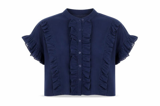 Boohoo Women Blue Ruffle Short Sleeve Cropped Blouse UK 10