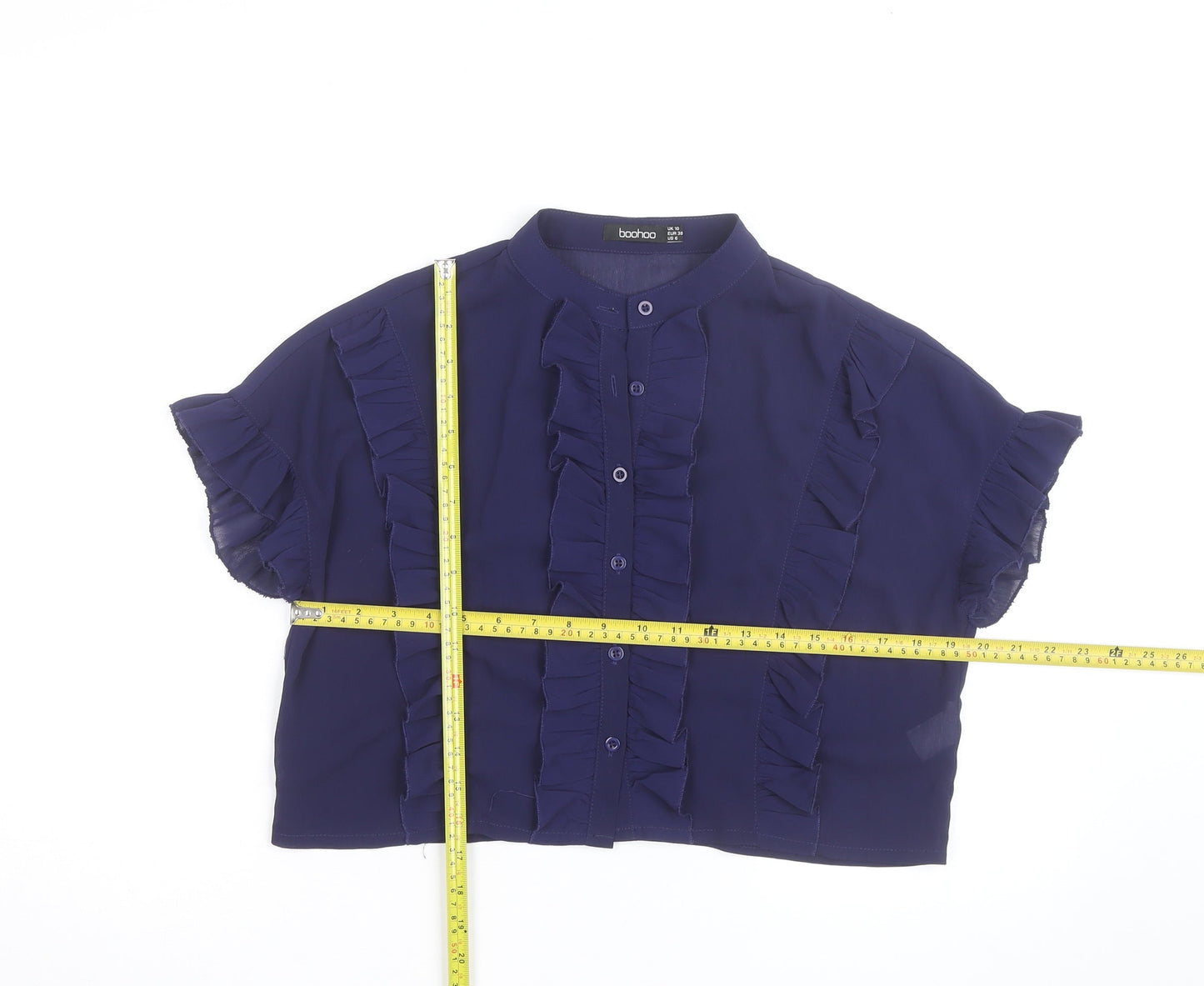 Boohoo Women Blue Ruffle Short Sleeve Cropped Blouse UK 10