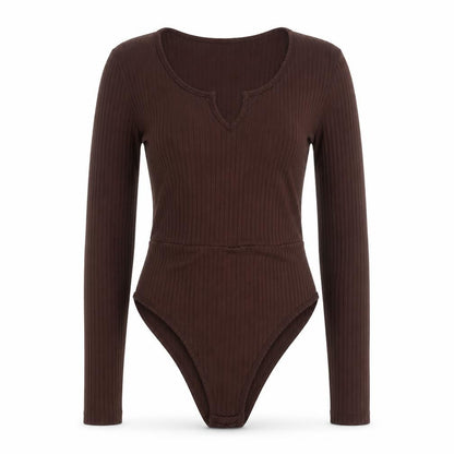 Boohoo Women Brown Ribbed Long Sleeve Bodysuit Size 8