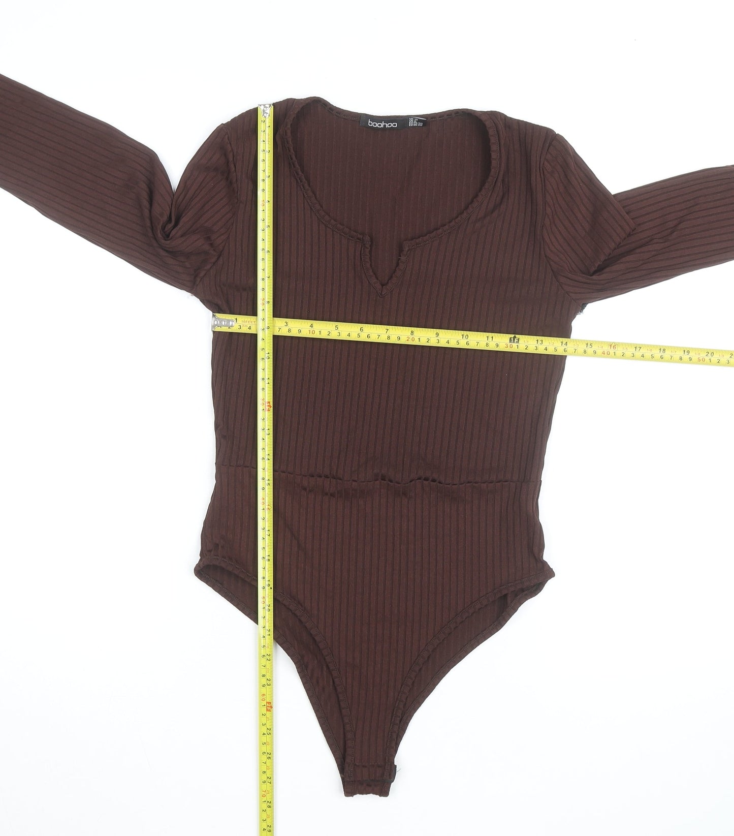 Boohoo Women Brown Ribbed Long Sleeve Bodysuit Size 8