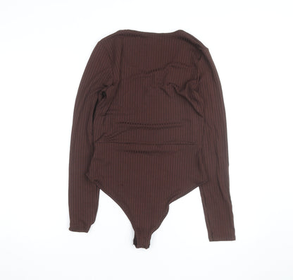Boohoo Women Brown Ribbed Long Sleeve Bodysuit Size 8