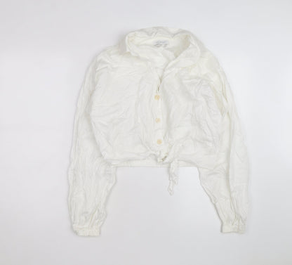 Topshop Women White Cropped Button-Up Long Sleeve Shirt Size 10