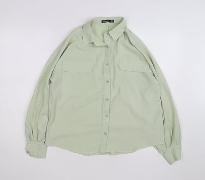 Boohoo Women Green Button-Up Long Sleeve Shirt Size 10