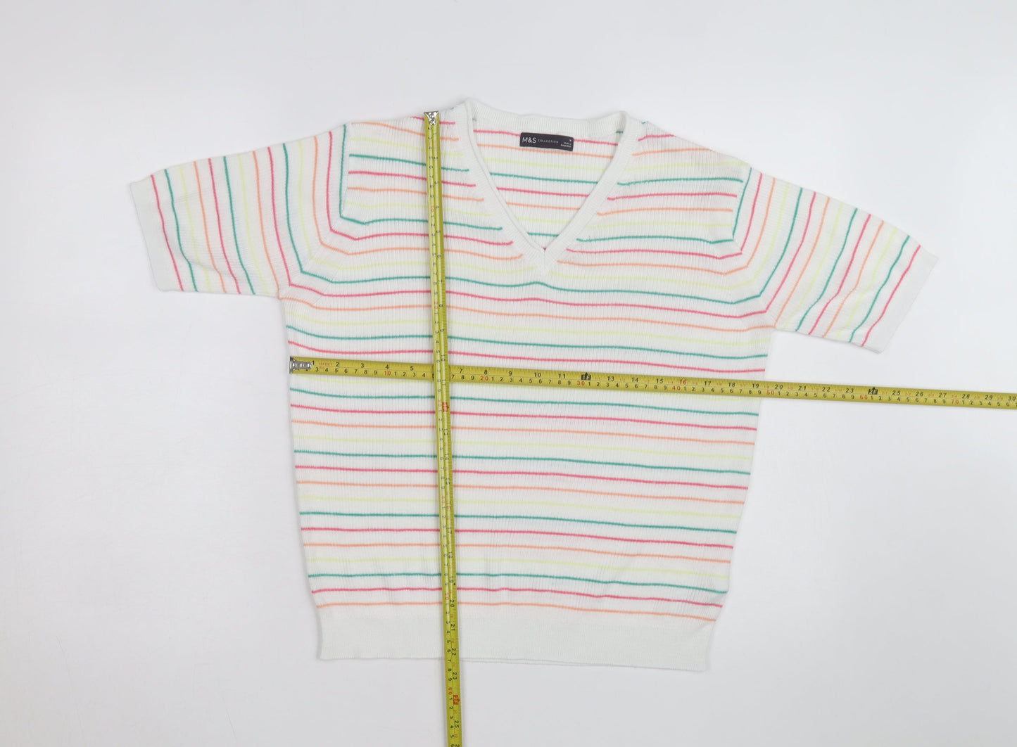 Marks and Spencer Women’s Multicoloured Striped V-Neck Cotton Jumper M