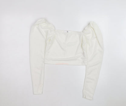 Missguided Women's White Cropped Puff Sleeve Square Neck Blouse Size 10