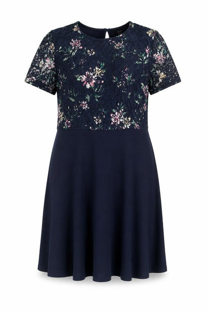 Front view of Dorothy Perkins Women Blue Floral Lace Fit & Flare Dress, size 16
