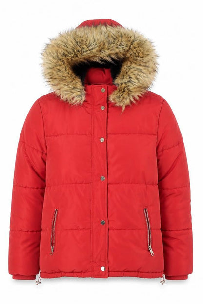 F&F Women's Red Puffer Jacket with Faux Fur Hood Size 8